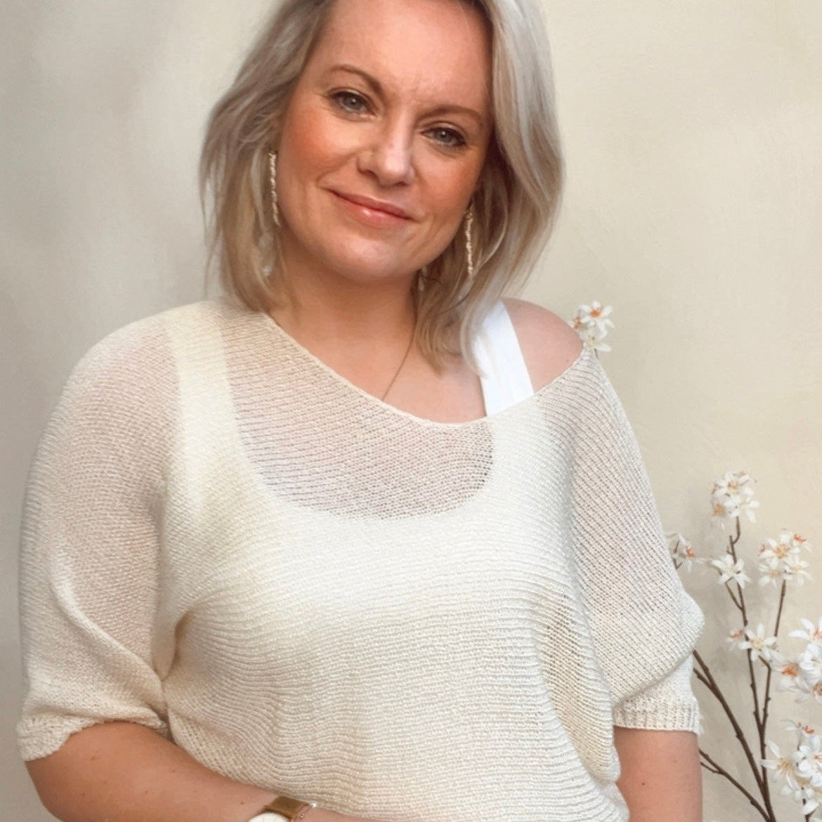 Top bloem beige